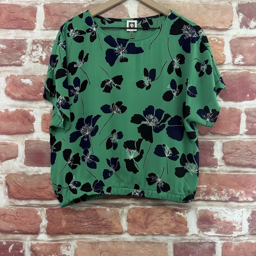 Anne Klein Top Women's Large Green Dark Blue Garden Floral Casual Career Shirt